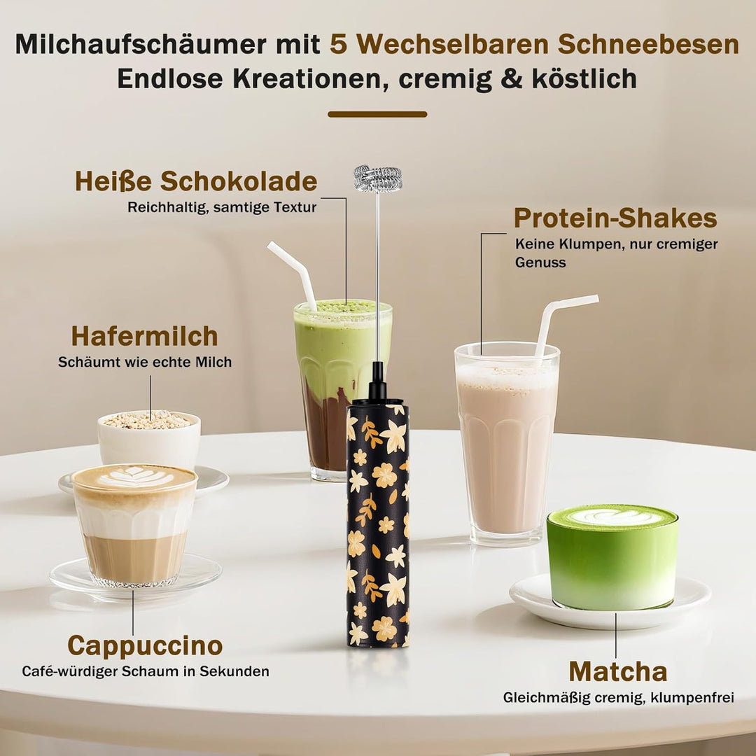 Milchschäumer Elektrisch USB-C mit 5 Wechselbaren Edelstahl-Schneebesen–2 Einstellbare Geschwindigke