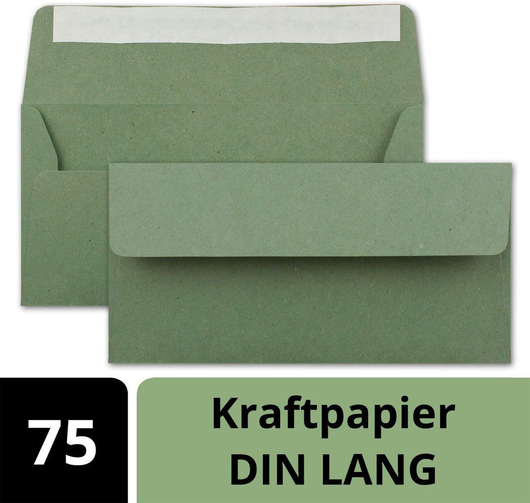 75x Kraftpapier-Umschläge DIN Lang - Grün - Haftklebung 11 x 22 cm - Brief-Umschläge aus Recycling-P