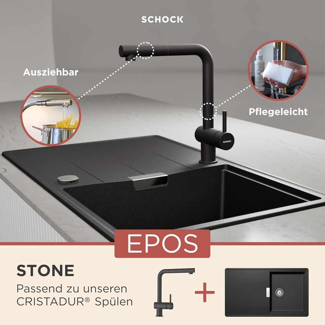 SCHOCK Küchenarmatur Epos Stone – graue hochdruck Armatur mit ausziehbarer Schlauchbrause und Standa