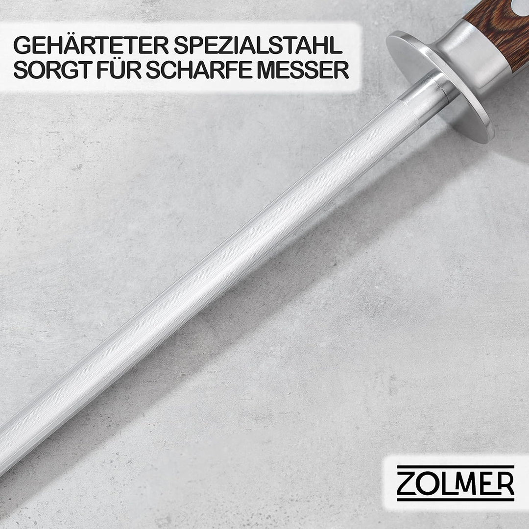 ZOLMER® Wetzstahl - Messerschärfer aus gehärtetem Stahl - Wetzstab mit komfortablem Griff aus Pakka