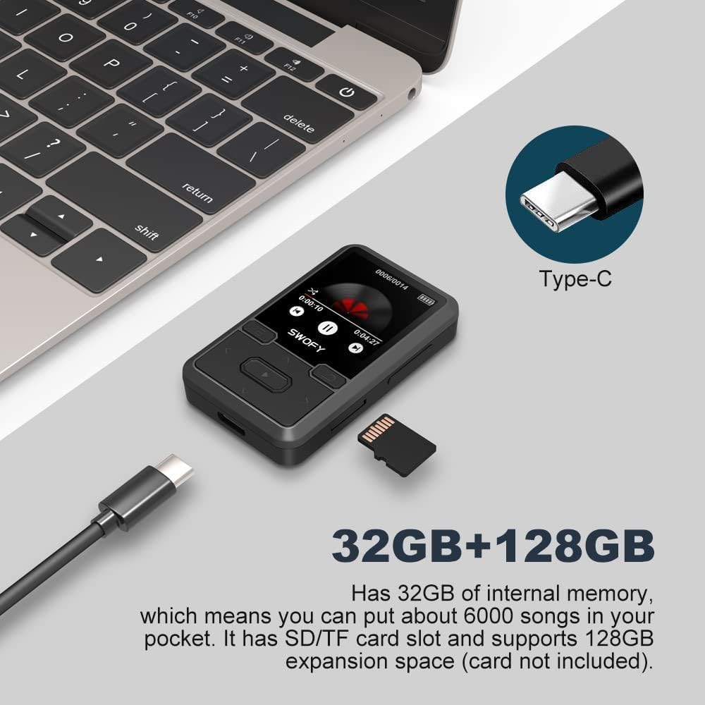 SWOFY MP3 Player Bluetooth 5.0 mit Sport Clip, 32GB Tragbarer Mini Musik Player mit Kopfhörer, FM Ra