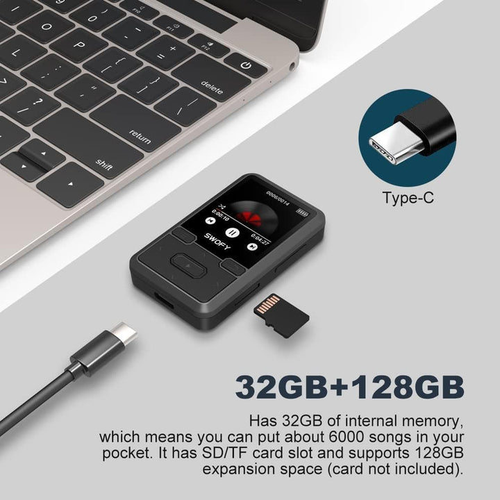 SWOFY MP3 Player Bluetooth 5.0 mit Sport Clip, 32GB Tragbarer Mini Musik Player mit Kopfhörer, FM Ra