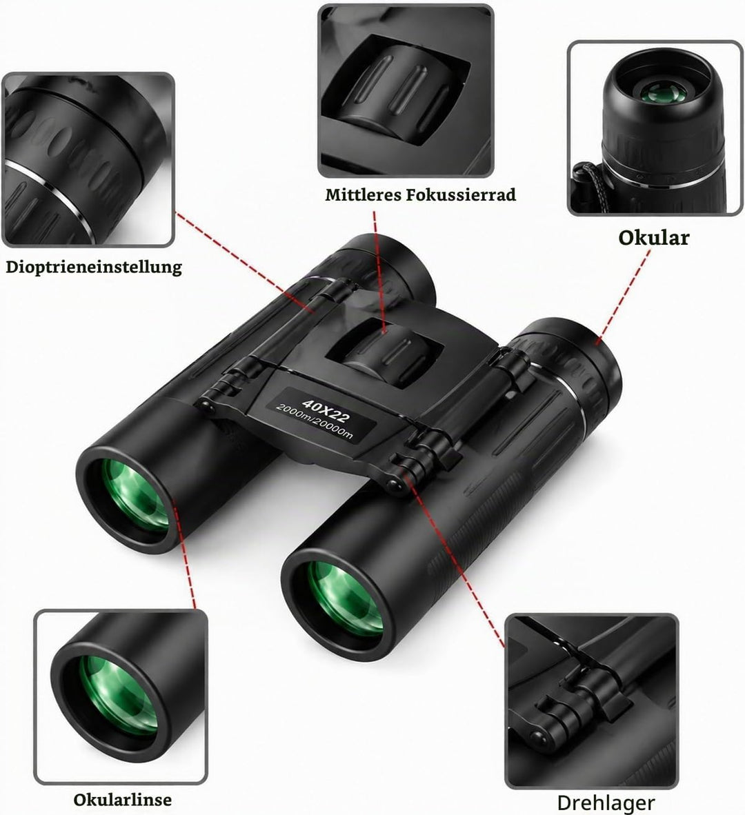 40x22 HD Leistungsstarke Fernglas 2000M Long Range Folding Mini BAK4 FMC Optik für Sport und Outdoor