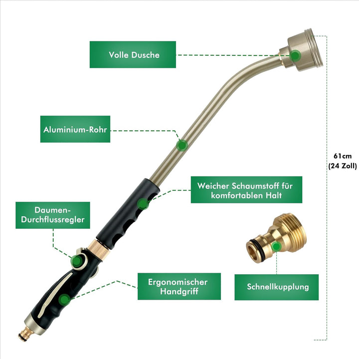 RESTMO Langer Giessstab, 61cm lange Gartenbrause, Sanfte Vollbrause mit Daumen-Durchflussregler, rob