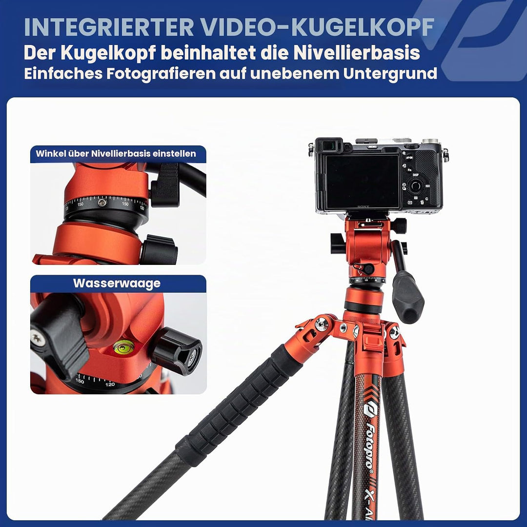 Fotopro X-Aircross 3 Video 151 cm leichtes Reise-Kamera-Stativ mit Fluid-Kopf 1.07 KG ultraleichtes