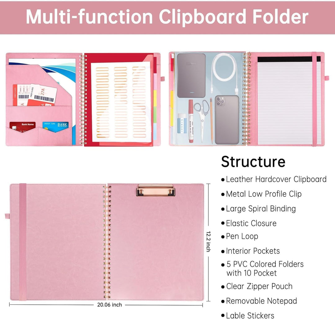 HAUTOCO PU-Leder Klemmbrett Folio mit Zip Beutel, Klemmbrettmappe A4 mit nachfüllbarem Notizblock, K