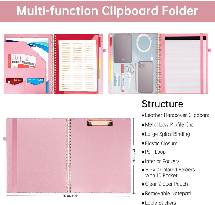 HAUTOCO PU-Leder Klemmbrett Folio mit Zip Beutel, Klemmbrettmappe A4 mit nachfüllbarem Notizblock, K