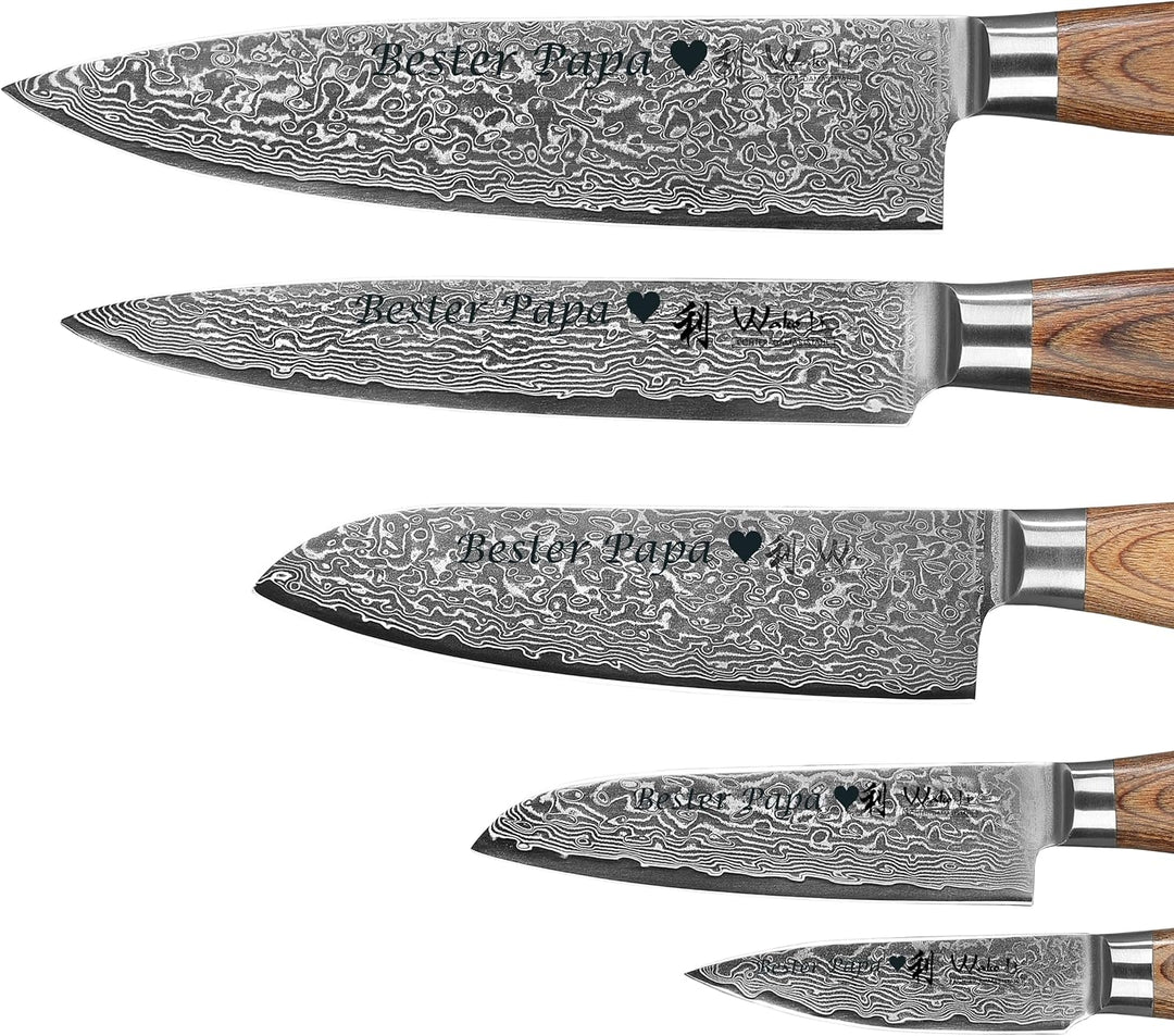 Wakoli EDIB Pro Damastmesser Set mit Gravur – Personalisiertes 5er Messerset, 20cm, 17cm, 16cm, 11cm