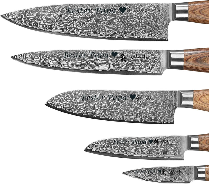 Wakoli EDIB Pro Damastmesser Set mit Gravur – Personalisiertes 5er Messerset, 20cm, 17cm, 16cm, 11cm