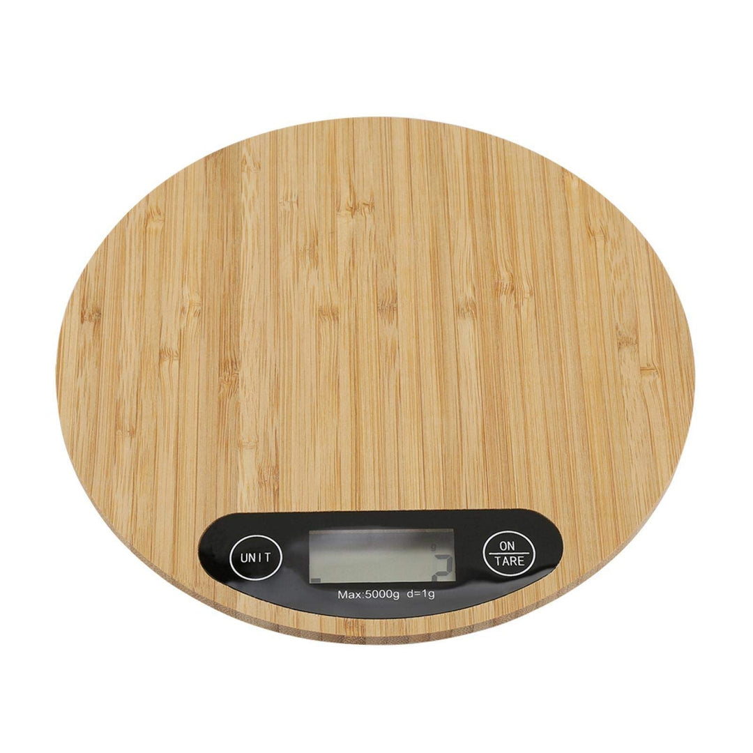 Küchenskala, 2 * AAA 5kg/1g Batterie Bambus Runde Elektrische Küchenwaage LED Anzeige, Digitale Küch