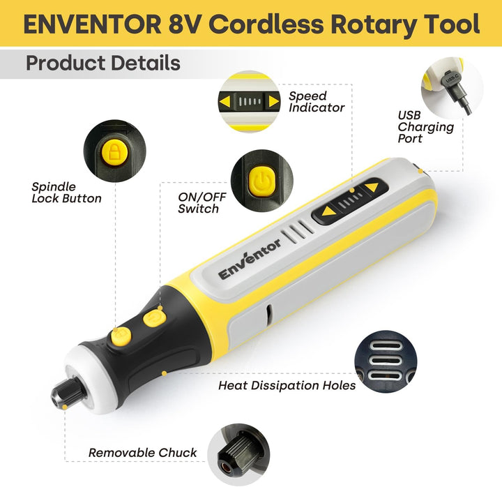 ENVENTOR Mini Multifunktionswerkzeug Akku, 8V Rotationswerkzeug mit 80 Zubehör, 5000-28000RPM, 5 Ein