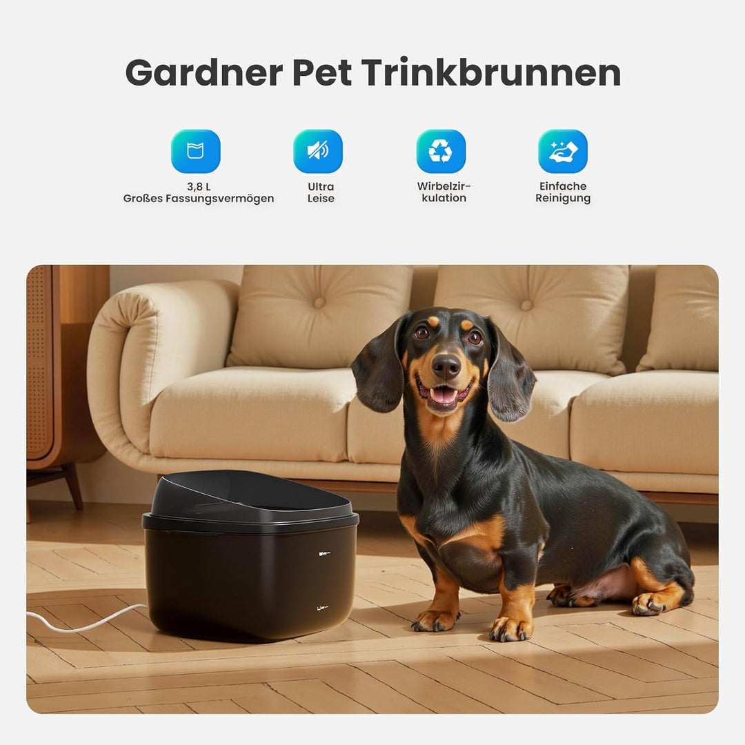 Gardner Pet 3.78L Wasserbrunnen mit Vortex-Filtration, Trinkbrunnen für Hunde und Katzen, leiser aut