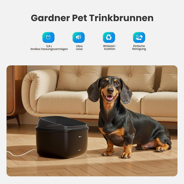Gardner Pet 3.78L Wasserbrunnen mit Vortex-Filtration, Trinkbrunnen für Hunde und Katzen, leiser aut