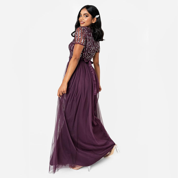 Maya Deluxe Damen Ballkleid Abendkleid V-Ausschnitt Maxi Länge Pailletten Kurze Ärmel für Hochzeit G