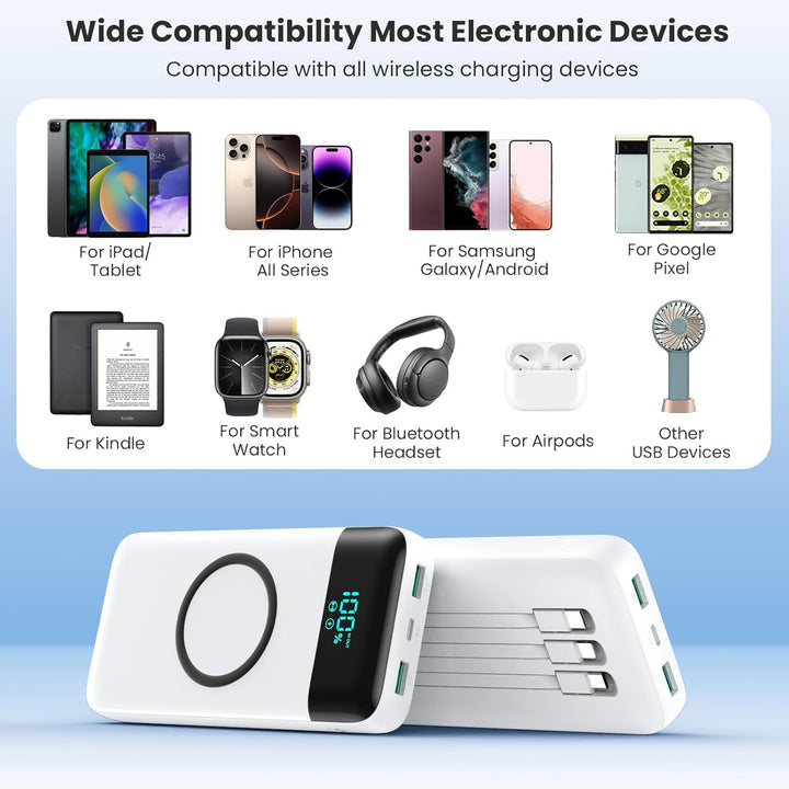 Wireless Power Bank 26800mAh mit 3 Kabel, 7 in 1 25W PD3.0+QC4.0 Schnellladen USB C Powerbank, 6 Aus