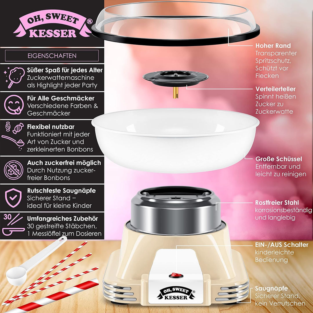 KESSER® Zuckerwattemaschine Set für Dein zuhause - Mit 30x Zuckerwatte Stäbchen & Messlöffel - Retro