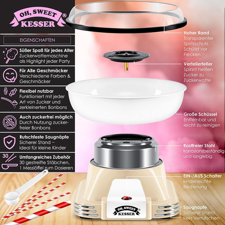 KESSER® Zuckerwattemaschine Set für Dein zuhause - Mit 30x Zuckerwatte Stäbchen & Messlöffel - Retro