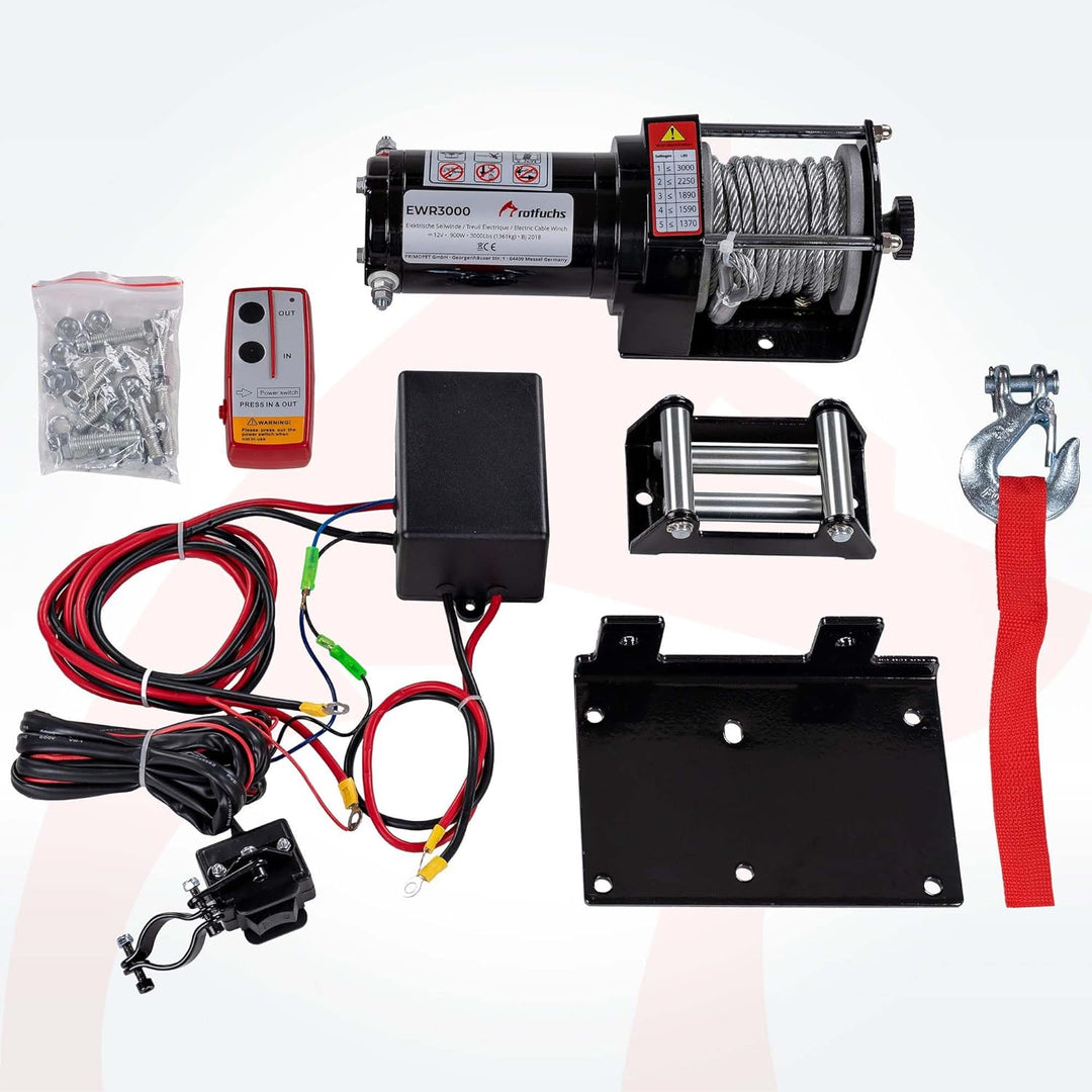 ROTFUCHS Elektrische Seilwinde 12V mit Funkfernbedienung – 1360 kg / 3000lbs Offroad Motorwinde Seil