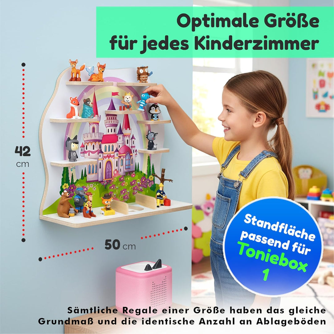 stadtecken Holzregal für Tonies &amp; Toniebox – Musikbox Wandregal aus 10mm Holz – Platz für 35-50 Figu