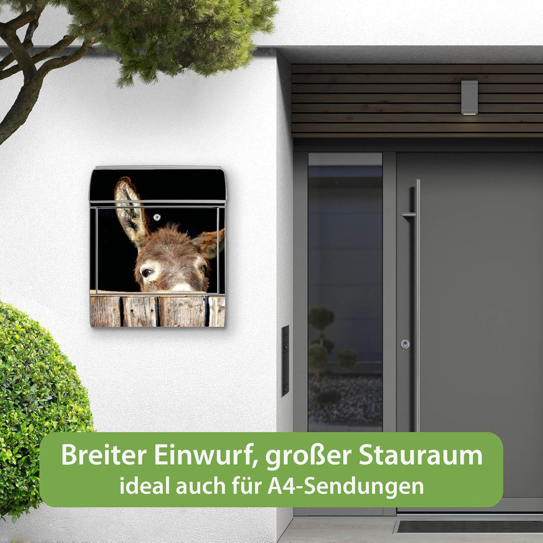 banjado® Design Briefkasten mit Motiv Esel 39x47x14cm &amp; 2 Schlüssel - Briefkasten Stahl Silber mit Z
