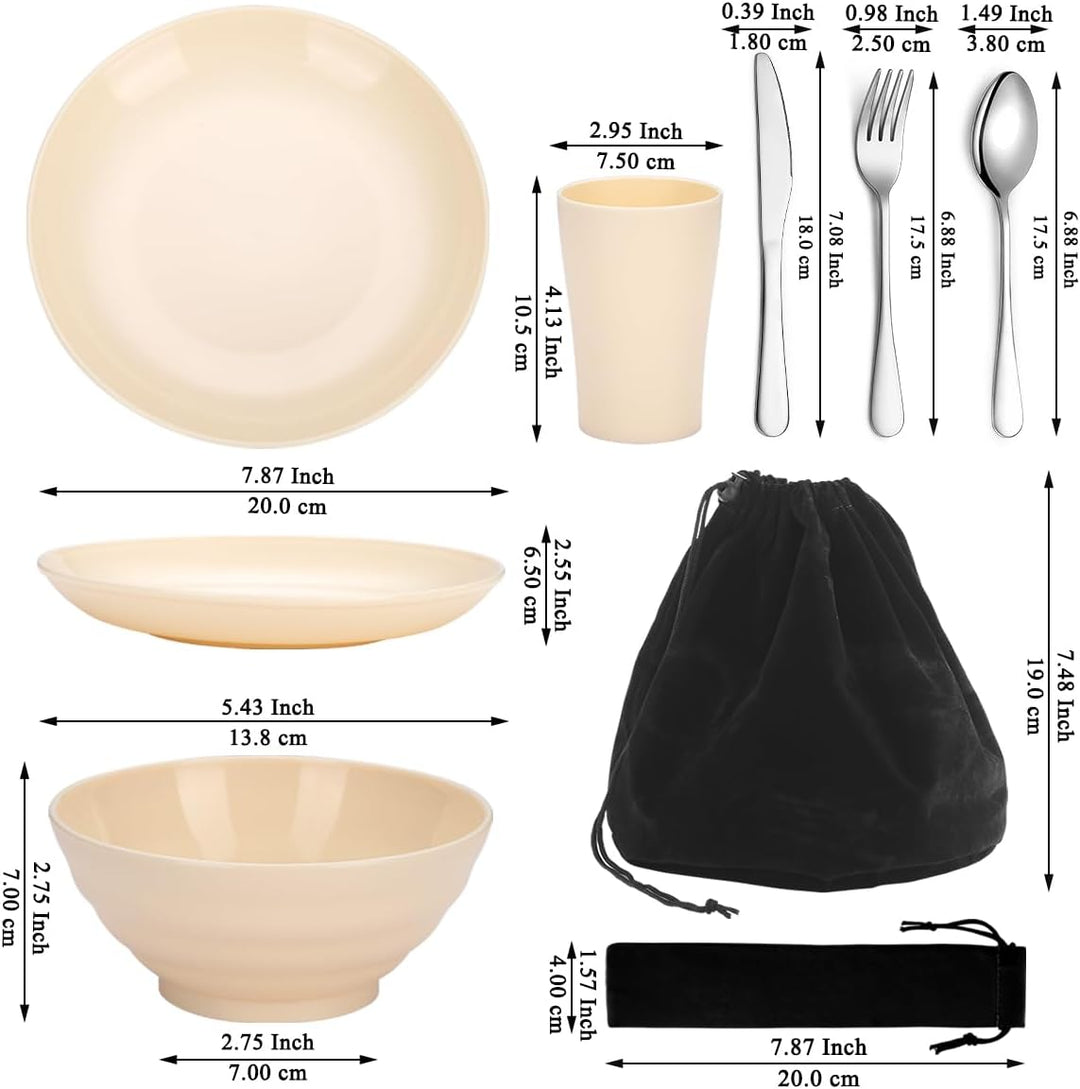 Kyraton Camping Besteck Set, wiederverwendbarer Leichter Becher, Schalen, Teller und Edelstahlbestec