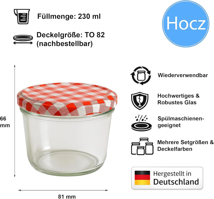 hocz 25x Marmeladengläser 230 ml Set | Deckel Rot Kariert TO 82 | mit Etiketten NZ | Einmachgläser m