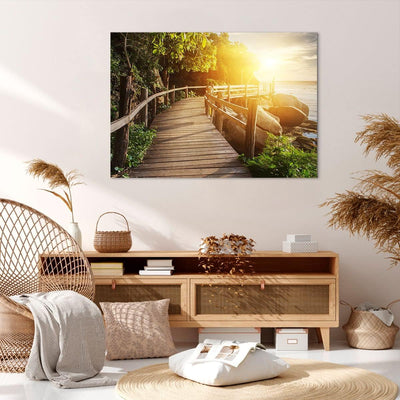 Bilder auf Leinwand 100x70cm Leinwandbild mit Rahmen Brücke Meer Welle Gross Wanddeko Bild Schlafzim