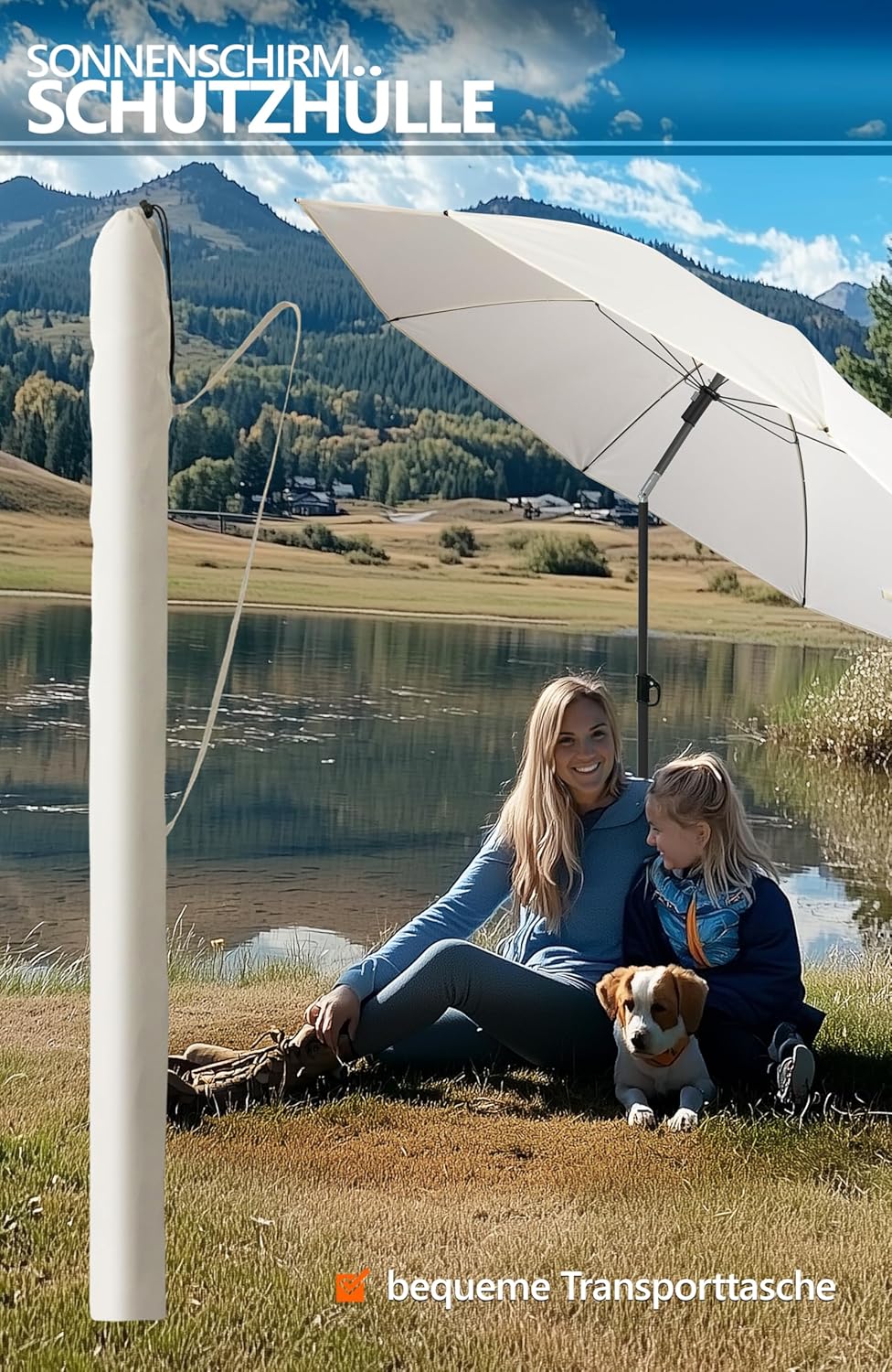 4smile Sonnenschirm Strand SunnyJoy Ø 180 cm, 3-IN-1 Set - UPF 50+ Strandschirm + Sonnenschirm Schut