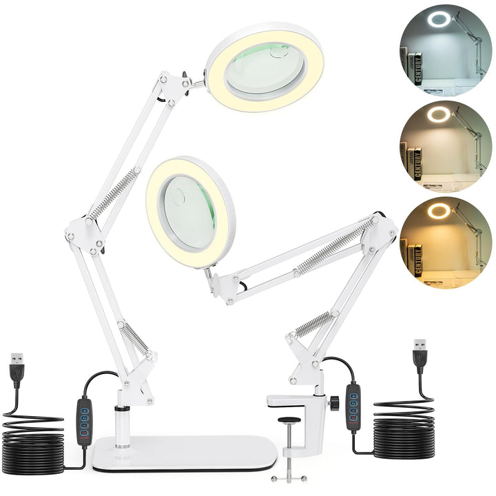 2-in-1 Lupe mit Licht und Ständer, Jubor 15X 10X LED Lupenleuchte mit Klemme und Basis, Schreibtisch