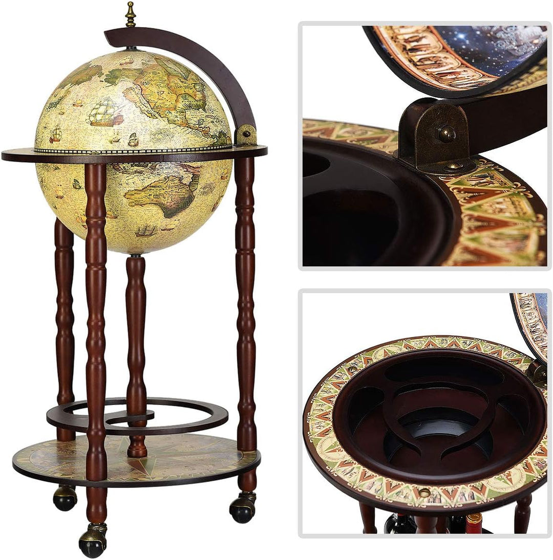 RELAX4LIFE Globusbar mit Rollen, Minibar Massivholz, Weinregal Flaschenregal mit Bodenplatte, Barwag