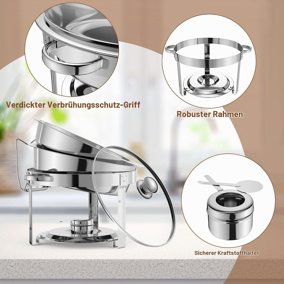NArra 2er-Pack rundes 6L-Chafing-Dish-Buffet-Set, Speisenwärmer mit Glasabdeckung, Buffetwärmer, Buf