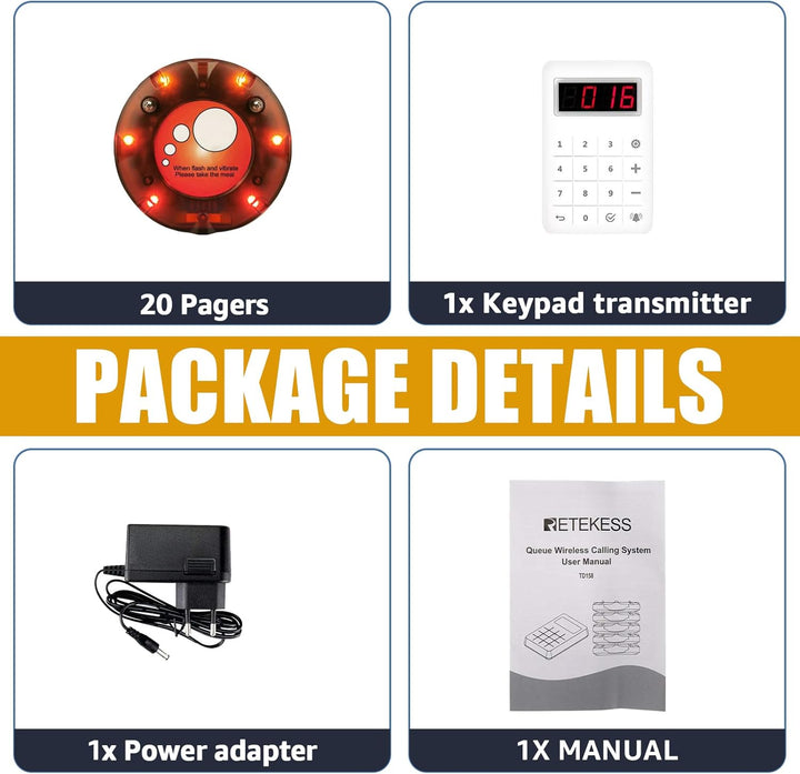 Retekess TD158 Pager Rufsystem, 500M Restaurant Pager System, LED Digitalanzeige, PC Material, Einfa