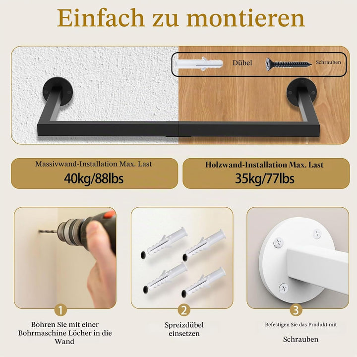 Yawinhe 64cm Kleiderstangen für die Wand, Industrieller Rohr Kleiderständer, Platzsparend, Wandregal
