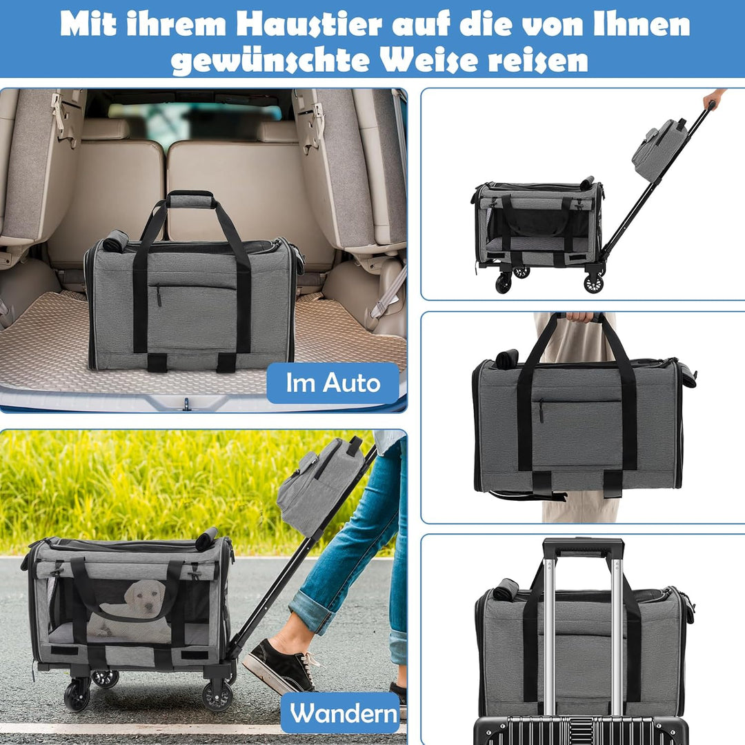 COSTWAY Transportbox Katze, Hunde Tragetasche Mobil, Transporttasche mit Teleskopgriff & Rädern & kl