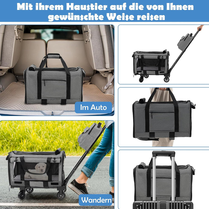 COSTWAY Transportbox Katze, Hunde Tragetasche Mobil, Transporttasche mit Teleskopgriff & Rädern & kl