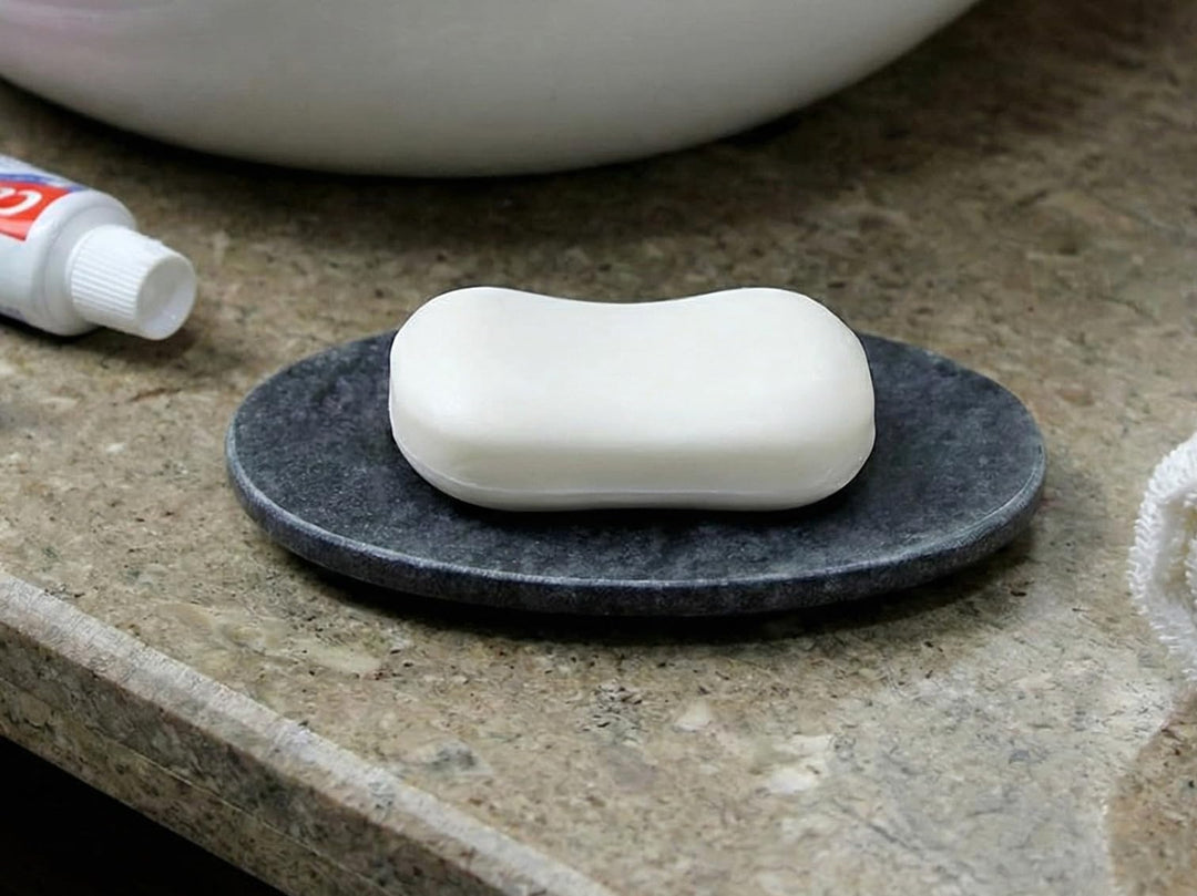 KLEO - Seifenschale aus schwarzem Naturstein, Badzubehör für Badewanne, Wanne oder Waschbecken in ov