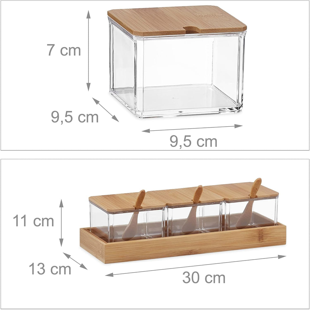Relaxdays Gewürzbehälter 3er Set, Gewürzdosen mit Löffel & Deckel, Kunststoff, Bambus, Zuckerdosen,