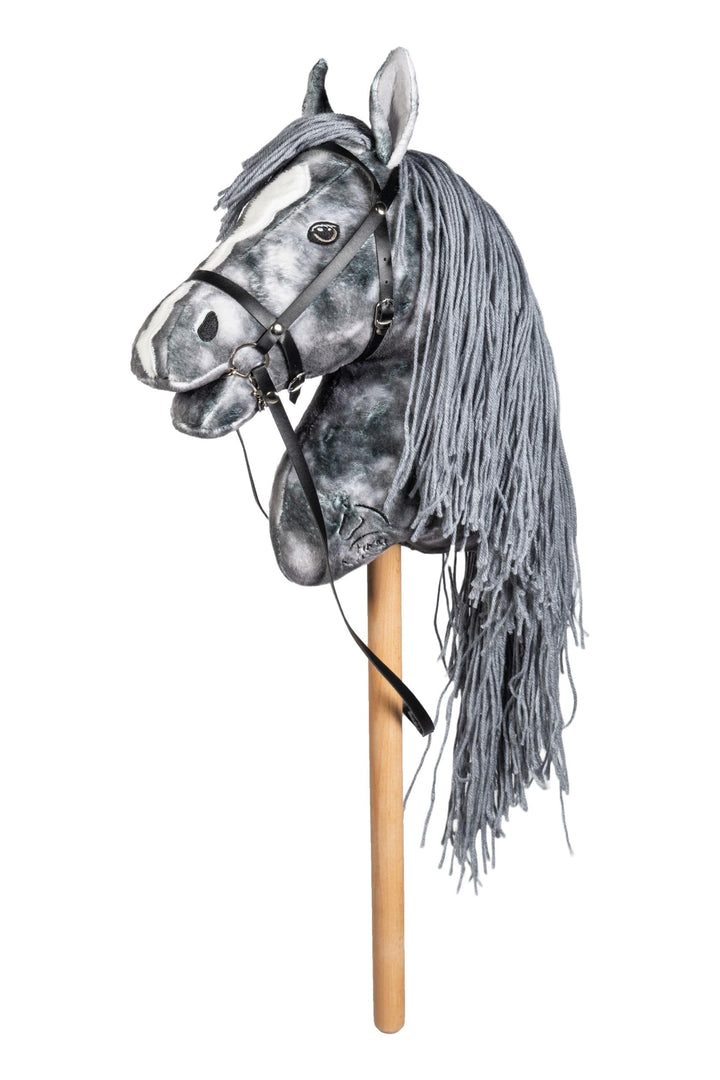 HKM Hobby Horse Beni – Steckenpferd Silbergrau, abnehmbare Trense &amp; Lange Mähne, 40 cm Holzstiel – f