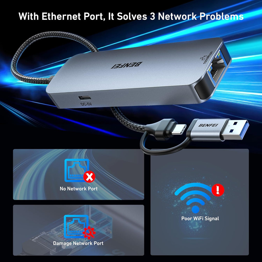 BENFEI USB C Gigabit Ethernet Adapter, 3 Ports Hub 3.0 Mit RJ45 LAN Netzwerkadapter für MacBook Pro/
