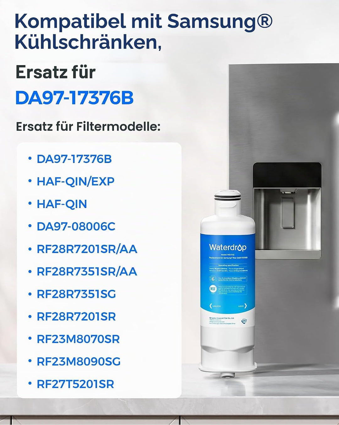 Waterdrop DA97-17376B Refrigerator Water Filter, Kompatibel mit Samsung® HAF-QIN/EXP, DA97-17376B, H