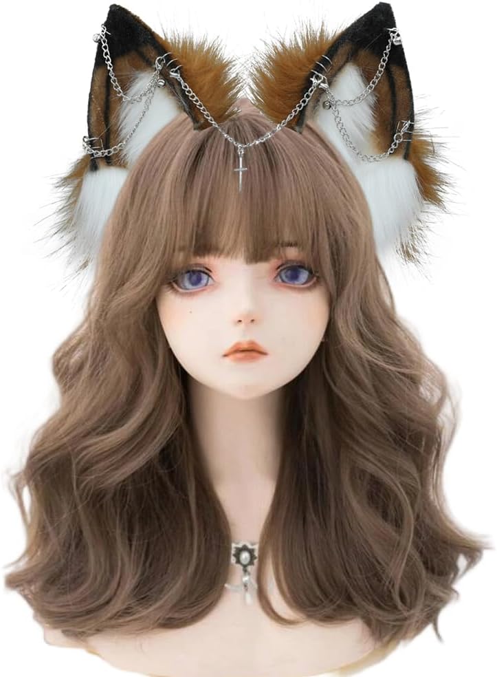 VIGVAN Handgemachte Wolf Fuchs Ohren Cosplay Kopf Zubehör Kawaii Haarband (Kette Braun Weiss), Kette