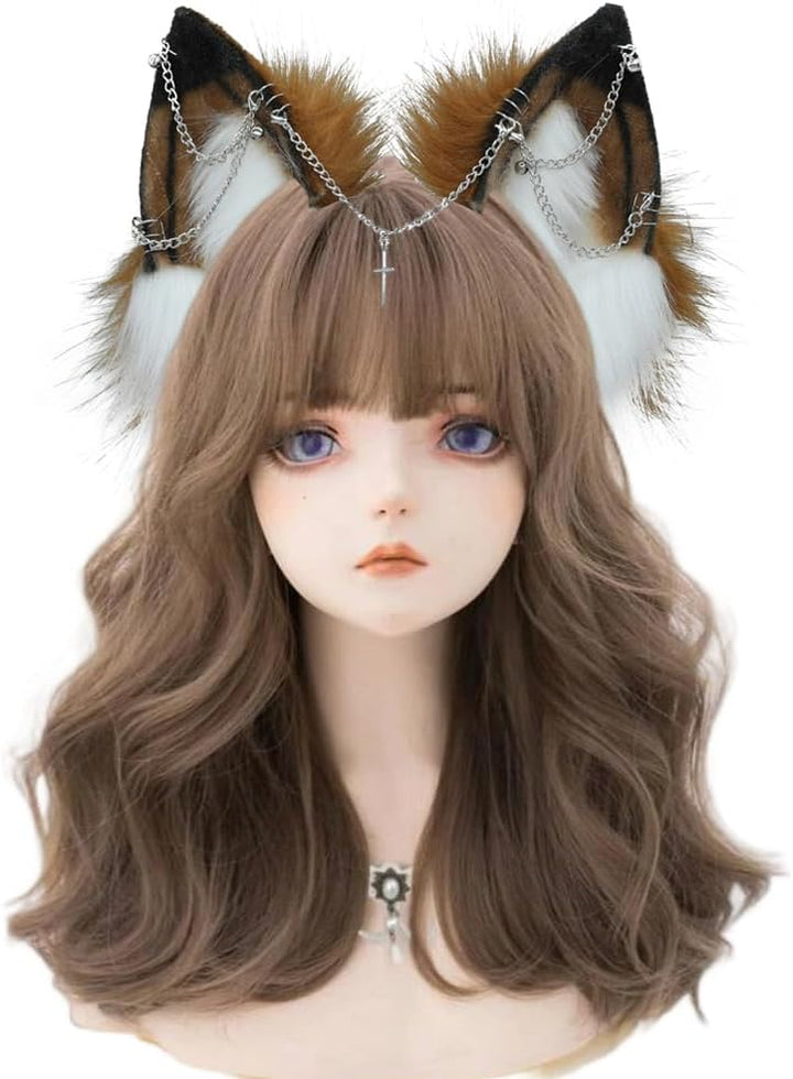 VIGVAN Handgemachte Wolf Fuchs Ohren Cosplay Kopf Zubehör Kawaii Haarband (Kette Braun Weiss), Kette