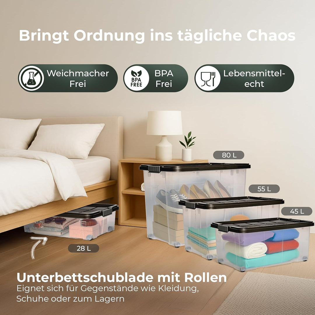 Novaliv 2x Unterbettkommode mit Rollen 28L Aufbewahrungsbox Deckel Anthrazit Nestbar stapelbare mit