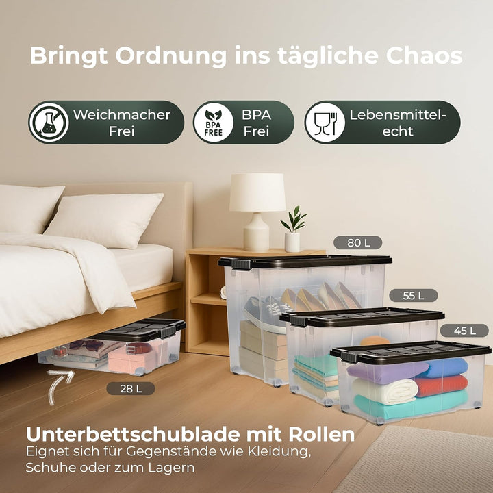 Novaliv 3x Unterbettkommode mit Rollen 28L Aufbewahrungsbox Deckel Anthrazit Nestbar stapelbare mit