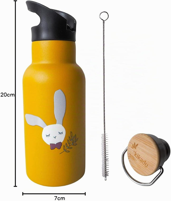 kikadu Trinkflasche Hase Senfgelb - - Kindergeschirr, BPA-frei, 18/8 Edelstahl, mit niedlichen Aufdr