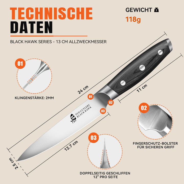 TUO Küche Allzweckmesser Küchenmesser Klein 13cm Kochmesser Universalmesser Deutscher Edelstahl Küch