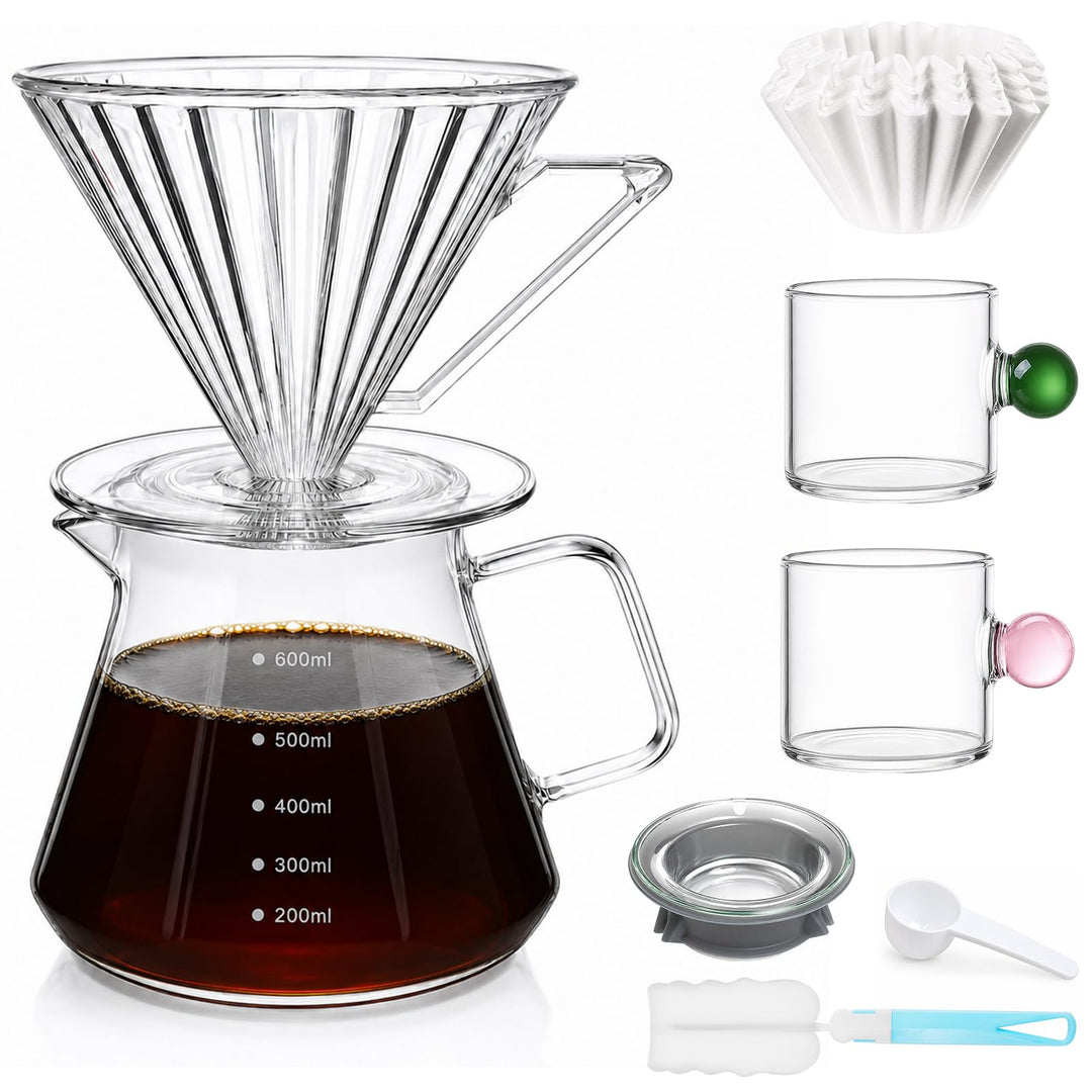 Pour Over Kaffeebereiter, 600ml Borosilikatglas-Karaffe | mit Glasdeckel, Übergiess-Kaffeetropfer fü