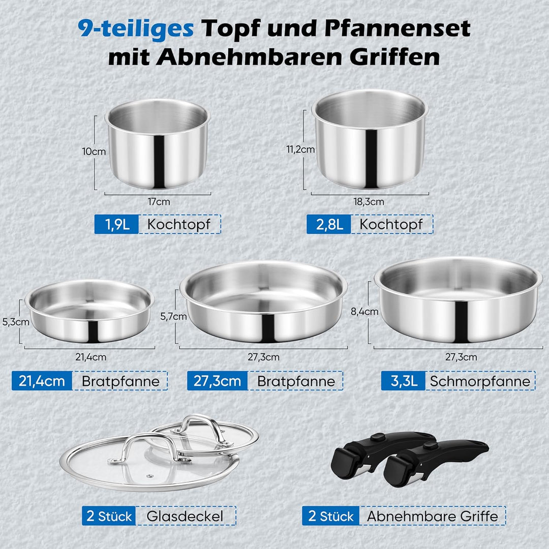 Joyfair Topfset, 9-Teilig Edelstahl Pfannenset mit Abnehmbarer Griff, Stapelbar Induktion Topfsets m