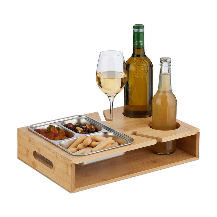 Relaxdays Couchbar, Bambus, Edelstahlschale für Snacks, Getränke- & Weinglashalter, Griffe, Couchorg