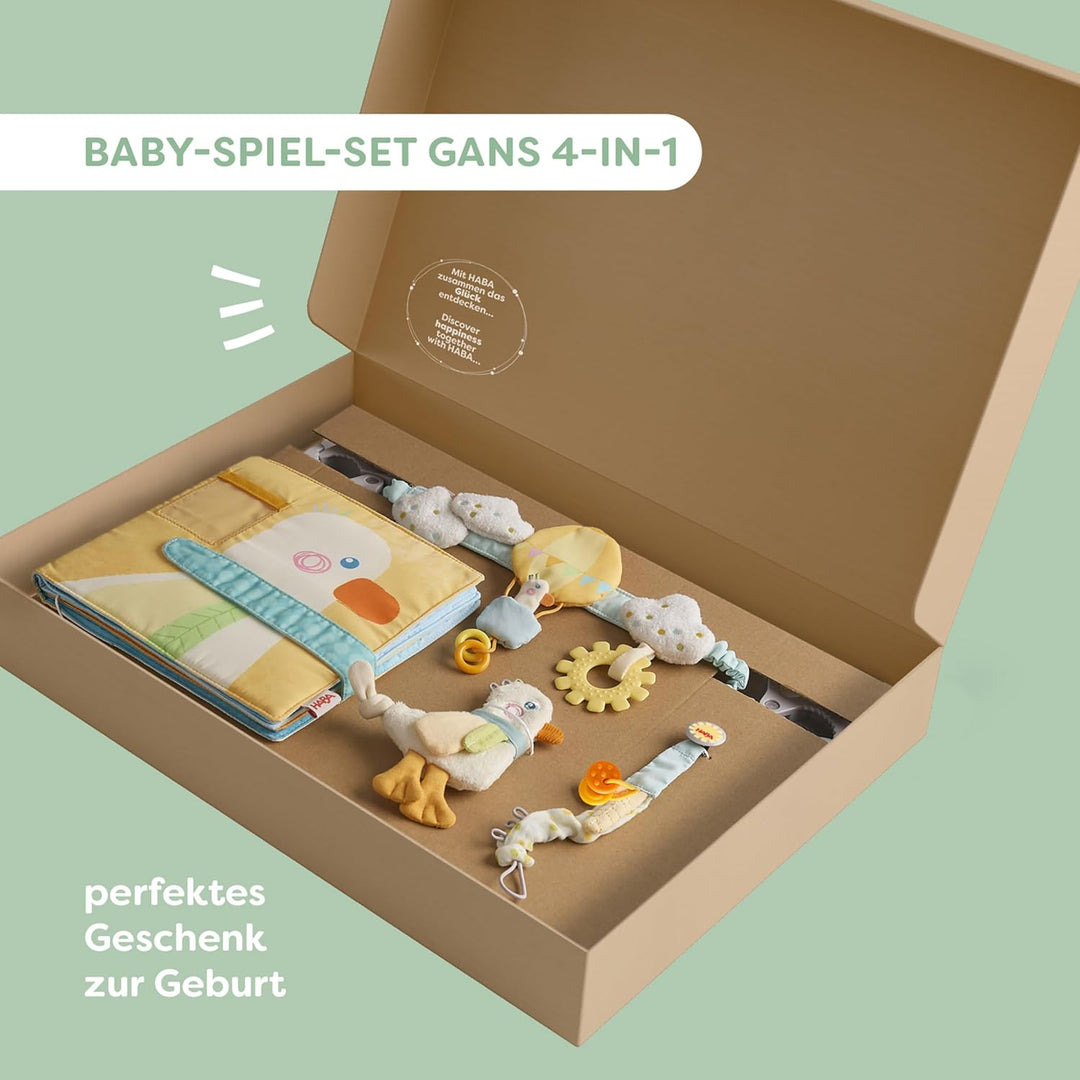 HABA Baby-Spiel-Set Gans – 4-in-1 Erstausstattung & Babygeschenk zur Geburt mit Kinderwagenkette, Sc
